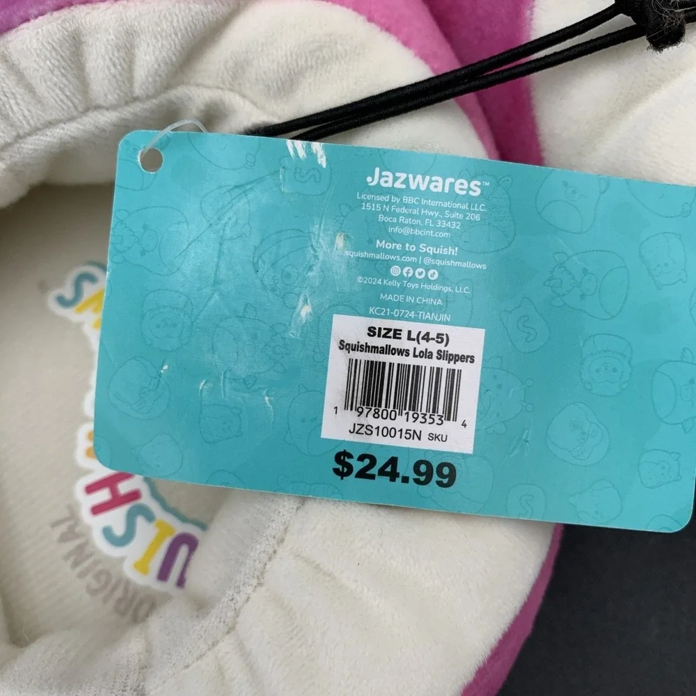 Squishmallows Lola the Unicorn Pink Tie Dye Plush Slippers‎ Girls Size L 4-5 NWT